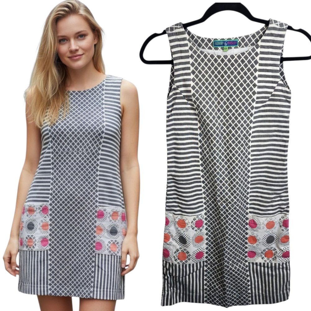 Bombay Cotton Linen Shift Dress Geometric Stripe Patch Pocket Mini Size XS